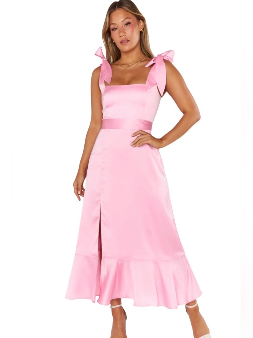 Show Me Your Mumu Garden Midi Dress Womens Large‎ Light Pink Luxe Satin Lined